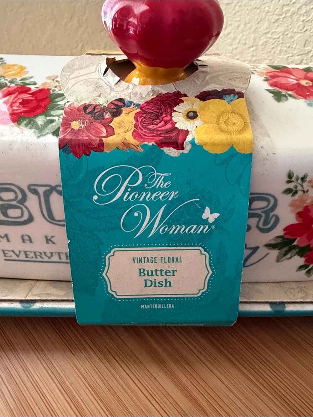 The Pioneer Woman White Butter Dish with Red and Yellow Floral Accents